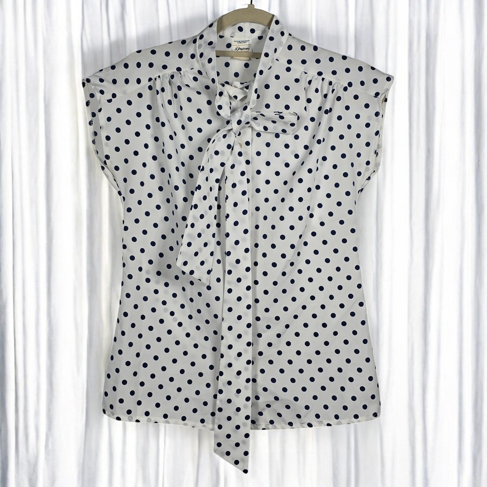 VTG JCPenney Fashions Blouse Woman Size 8 White Navy‎ Polka Dot Bow Cap Sleeve